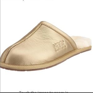 UGG Shearling and Gold Metallic Leather Slippers, Size 9
